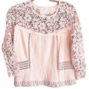 Anthropologie Pink Lace Long Sleeve Blouse Top Size SM